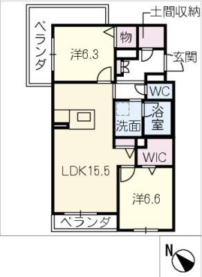 岡崎市上和田町シャーメゾンB棟(2LDK/3階)の間取り写真