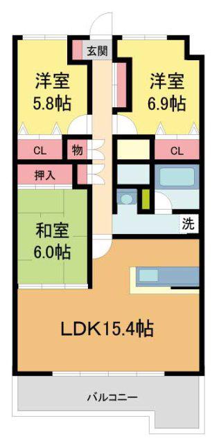 エクセラージュ川西うね野(3LDK/3階)の間取り写真