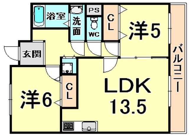 ラムール武庫之荘参番館(2LDK/1階)の間取り写真