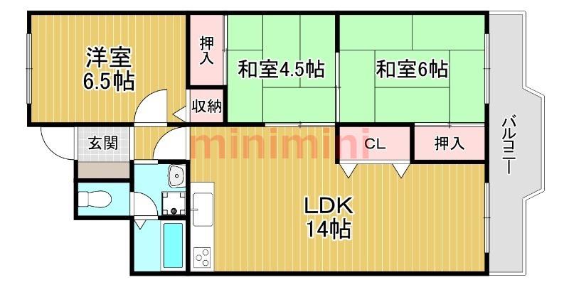 阪急茨木ハイタウン白川高層 5号棟(3LDK/9階)の間取り写真