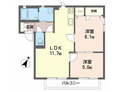 ドミール西脇(2LDK/1階)の間取り写真