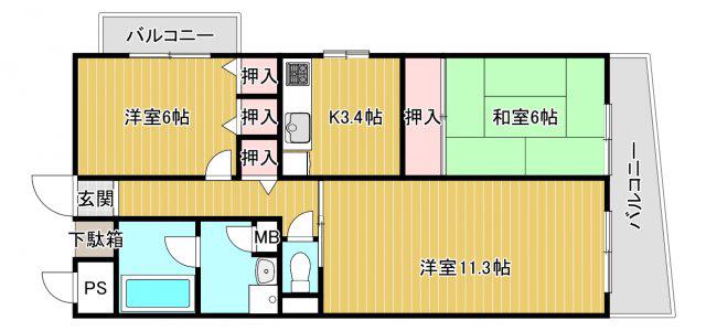 グドゥウエル新石切(2LDK/6階)の間取り写真