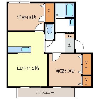 グランシャリオ市川B(2LDK/2階)の間取り写真