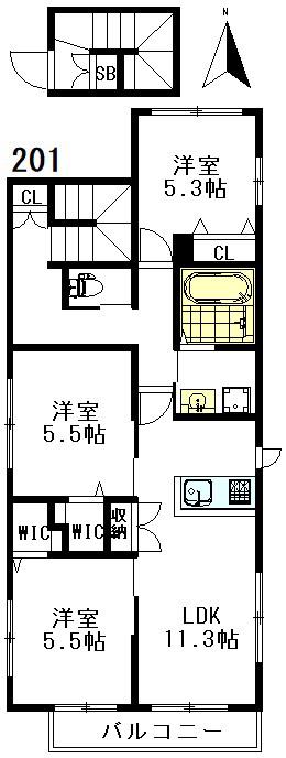 牟礼アパートメント(3LDK/2階)の間取り写真