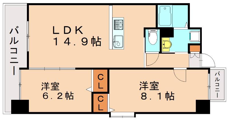 グランドツイン黒崎(2LDK/8階)の間取り写真