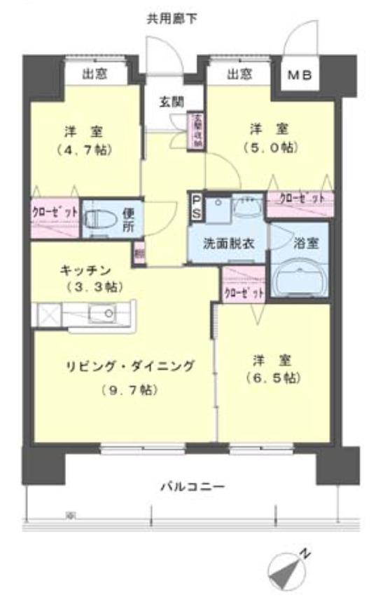 クラシオン小頭町公園前(3LDK/13階)の間取り写真