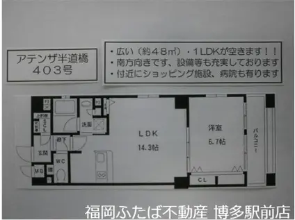 アテンザ半道橋(1LDK/4階)の間取り写真