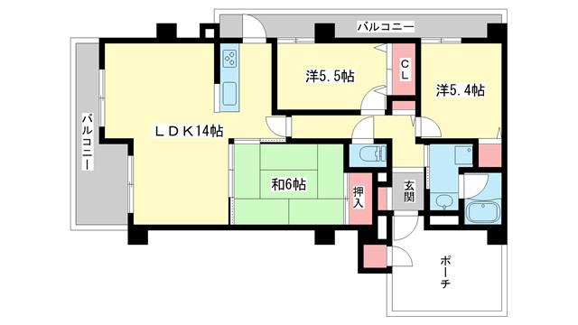 ライオンズマンション富雄(3LDK/4階)の間取り写真