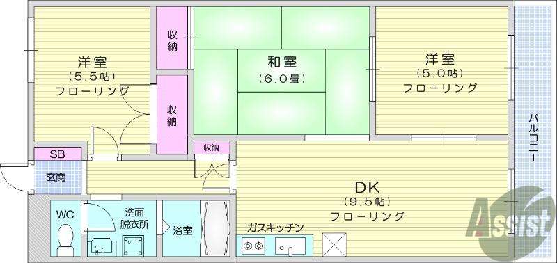 ROOMYかんの(3DK/2階)の間取り写真