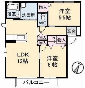 ジェネス八木 B棟(2LDK/2階)の間取り写真