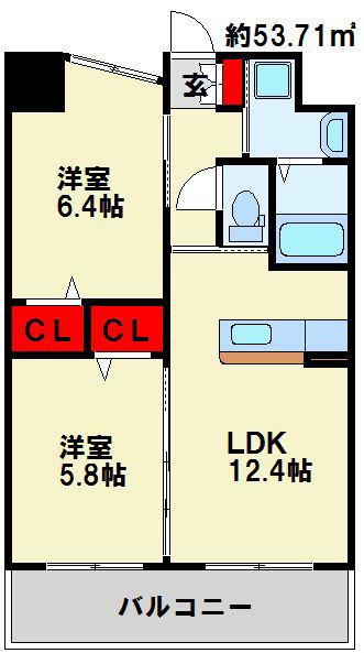 ウイングス三萩野(2LDK/12階)の間取り写真