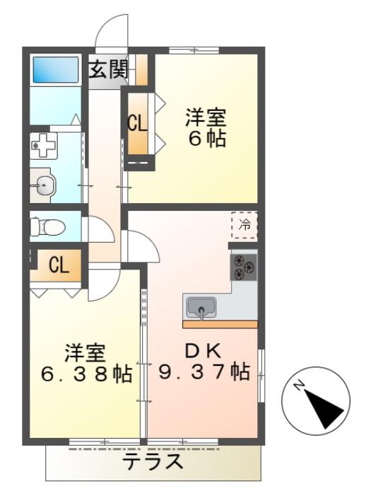 AQUA楢原(2DK/1階)の間取り写真