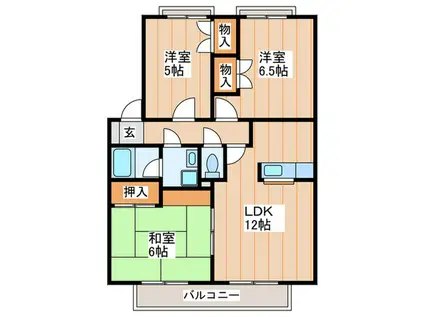 西岡ハイツ2 B棟(3LDK/2階)の間取り写真