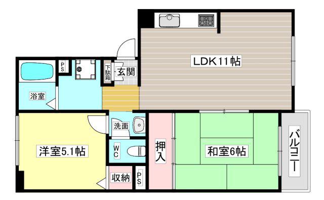 岡田山ハイツ A棟・B棟(2LDK/1階)の間取り写真