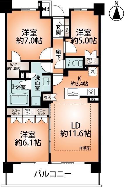 ザ・パークハウス錦町一丁目(3LDK/4階)の間取り写真