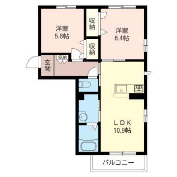 トレアモーレ A棟(2LDK/2階)の間取り写真