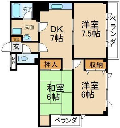 ヒルズシティ寝屋川(3DK/6階)の間取り写真