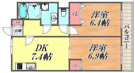 インタルシオ武庫之荘(2DK/3階)の間取り写真