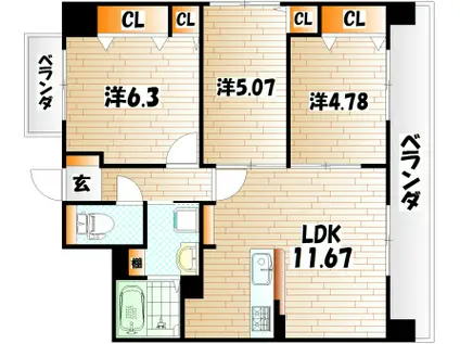シャーメゾングランドソレイユ門司(3LDK/5階)の間取り写真