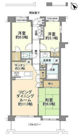 コスモ山手グレイスフォルム(3LDK/3階)の間取り写真