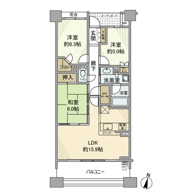 プラウド横浜鶴見市場(3LDK/6階)の間取り写真