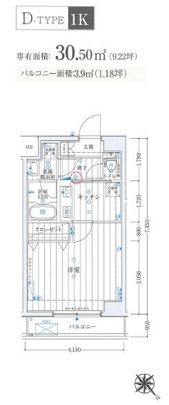 ラフィネジュ横浜南(1K/4階)の間取り写真