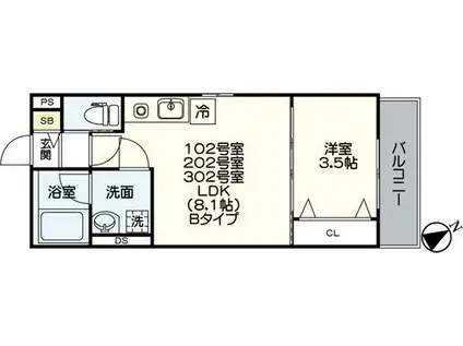 ジュネス内浜町(1LDK/2階)の間取り写真