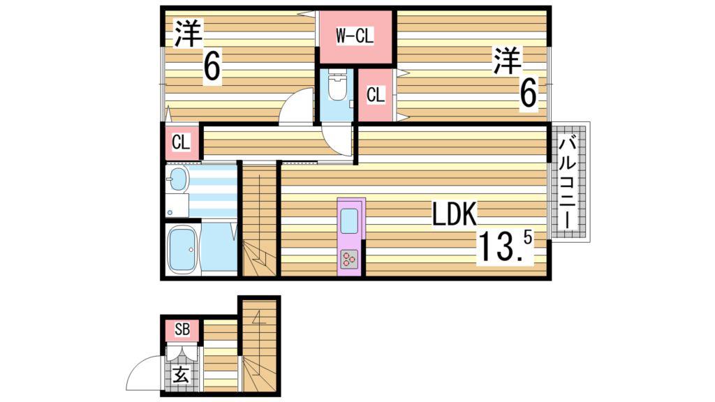 フレッツァ神戸山田B棟(2LDK/2階)の間取り写真