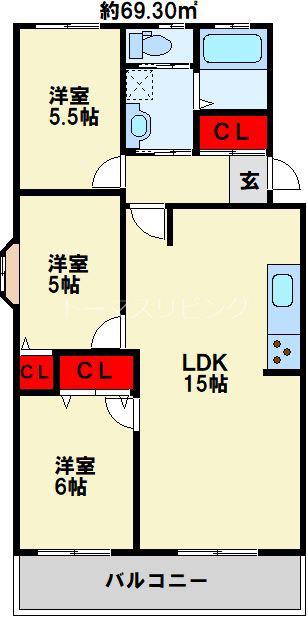 RAY霧ケ丘(3LDK/2階)の間取り写真