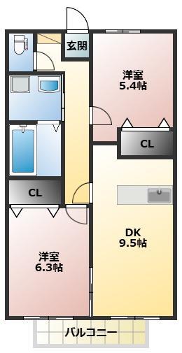 ラ・フォンテーヌ(2DK/1階)の間取り写真