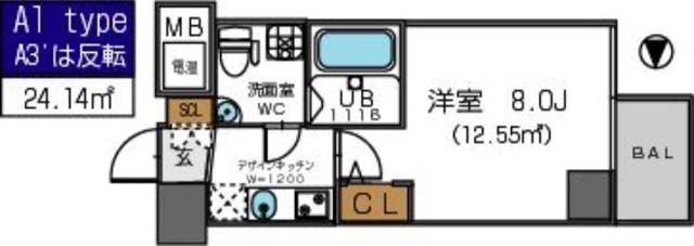 ザパーククロス阿波座(1K/2階)の間取り写真