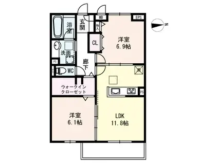 リーゾ北山(2LDK/2階)の間取り写真