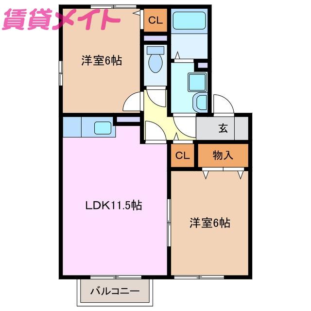 グランモアJ B棟(2LDK/2階)の間取り写真