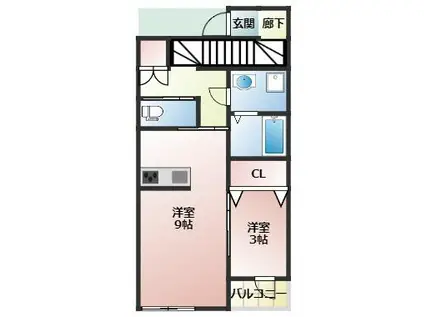 エレガントカーサB棟(1LDK/2階)の間取り写真