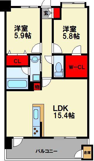 ニューガイア飯塚北(2LDK/10階)の間取り写真