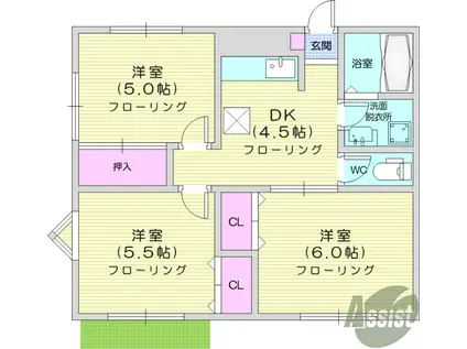 エスポワール B棟(3DK/1階)の間取り写真