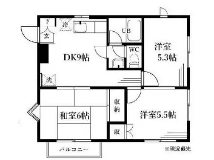 カーサ・セレーノB棟(3DK/2階)の間取り写真