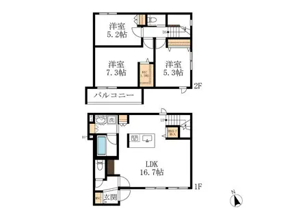 名鉄小牧線 小牧駅 徒歩29分 2階建 築1年(3LDK/1階)の間取り写真