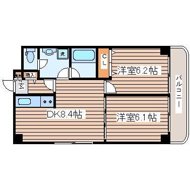 K-1二日町(2DK/6階)の間取り写真