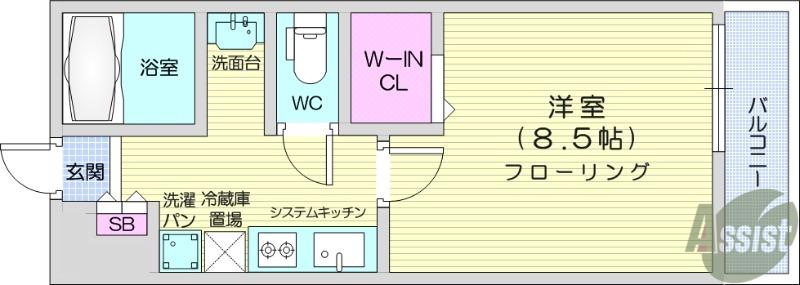 ウルス宮城野(1K/3階)の間取り写真