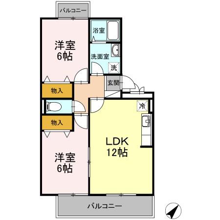 アルファタウン秦野新町 B棟(2LDK/1階)の間取り写真