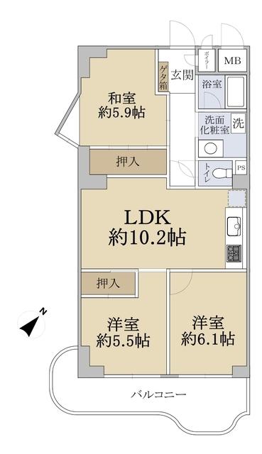朝日ヶ丘レックスマンション1号棟(3LDK/2階)の間取り写真