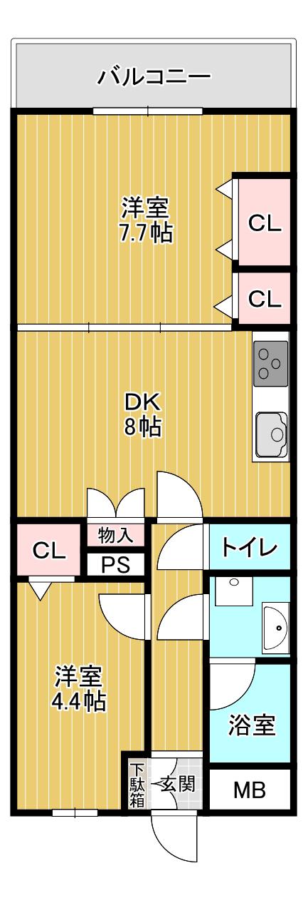 オーベルグランディオ萩中(2DK/4階)の間取り写真