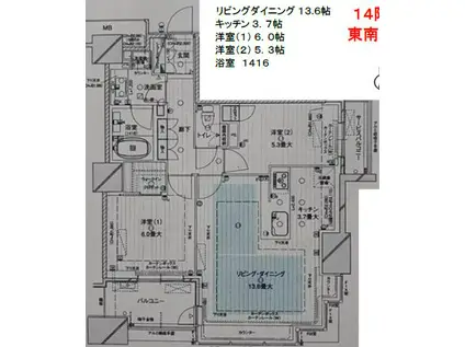 ブランズタワー南堀江(2LDK/14階)の間取り写真