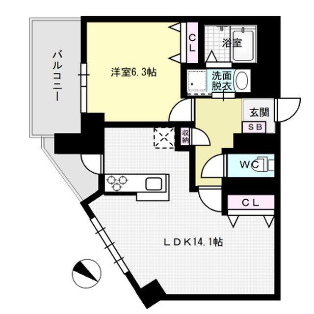 ラクレイス西新レジデンシャルタワー(1LDK/14階)の間取り写真