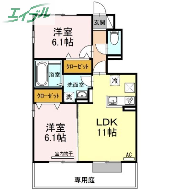 ソレイユB棟(2LDK/1階)の間取り写真