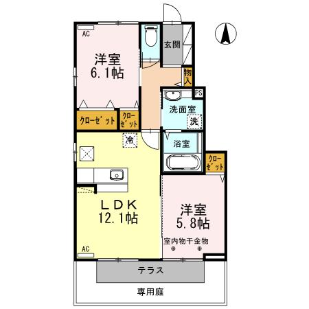 福井ガーデンハイツ B棟(2LDK/1階)の間取り写真