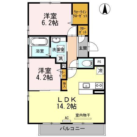 ウィルコート小郡三軒屋町 B棟(2LDK/2階)の間取り写真