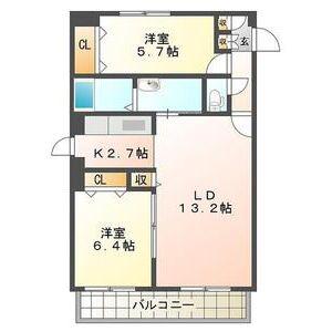 アイマール川沿(2LDK/2階)の間取り写真