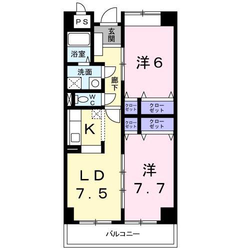 キュウブ由布川(2LDK/3階)の間取り写真